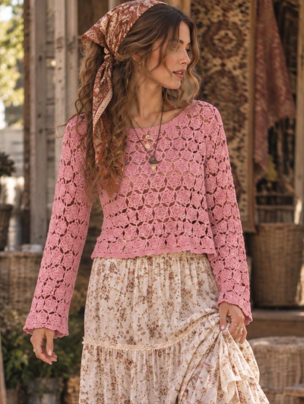 Vintage Ports International Crochet Sweater Pink Knit Top Soft Girl Boho S